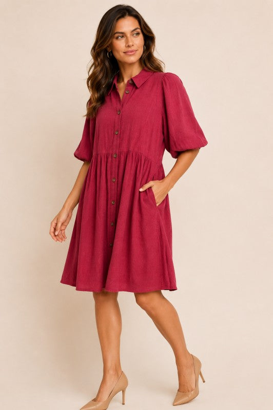 Textured Linen-Blend Button-Down Shirt Dress - Dark Blue