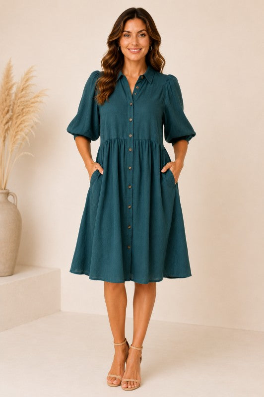Textured Linen-Blend Button-Down Shirt Dress - Burgundy