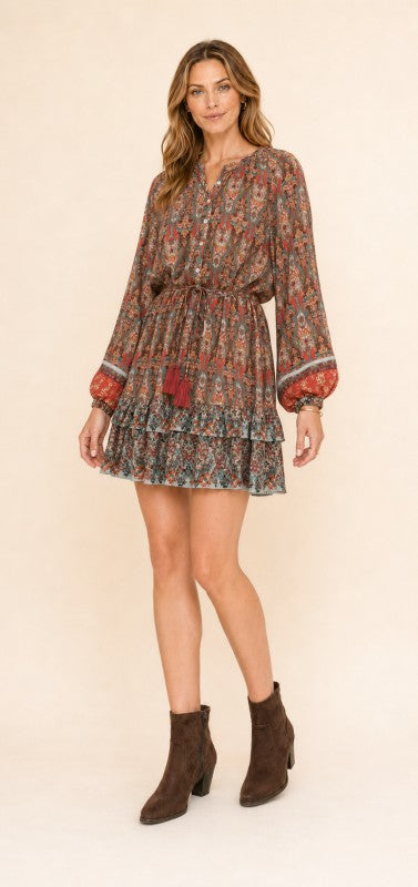 Boho Paisley Drawstring-Waist Mini Dress