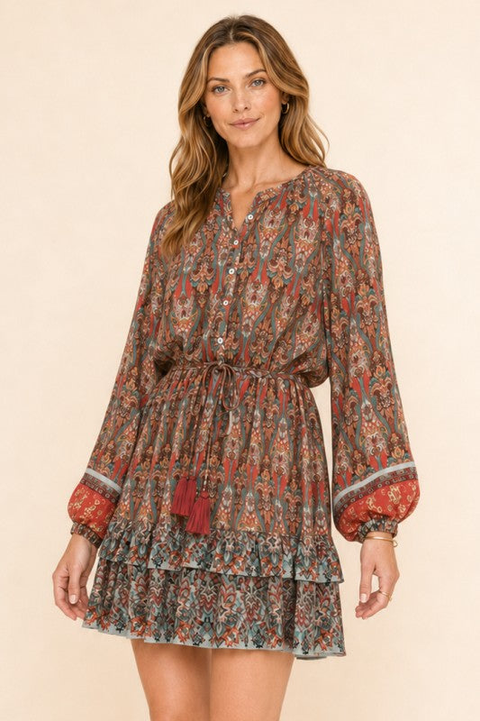 Boho Paisley Drawstring-Waist Mini Dress
