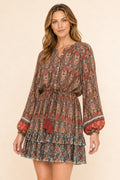 Boho Paisley Drawstring-Waist Mini Dress