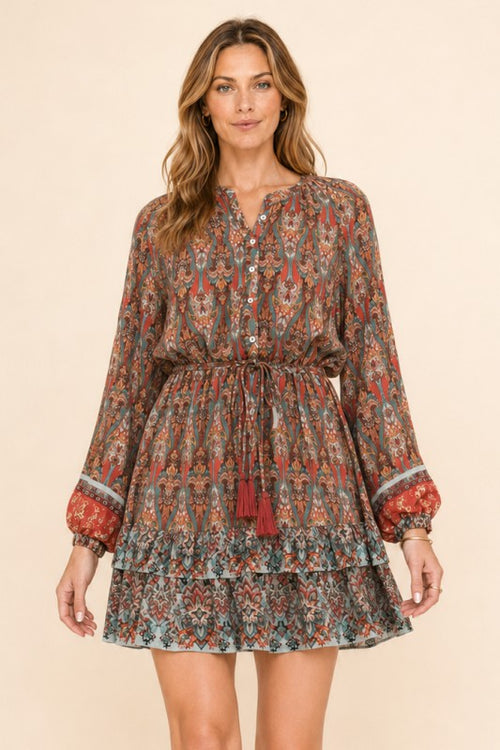 Boho Paisley Drawstring-Waist Mini Dress