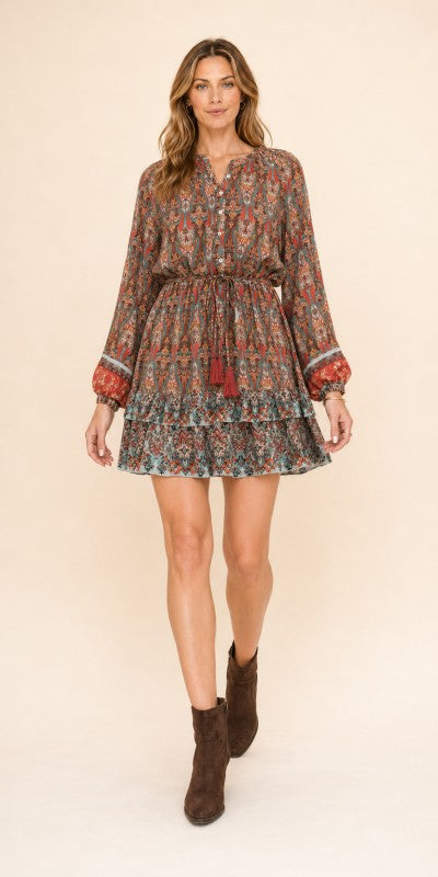 Boho Paisley Drawstring-Waist Mini Dress