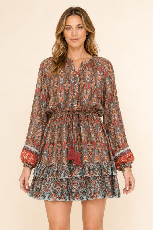 Boho Paisley Drawstring-Waist Mini Dress