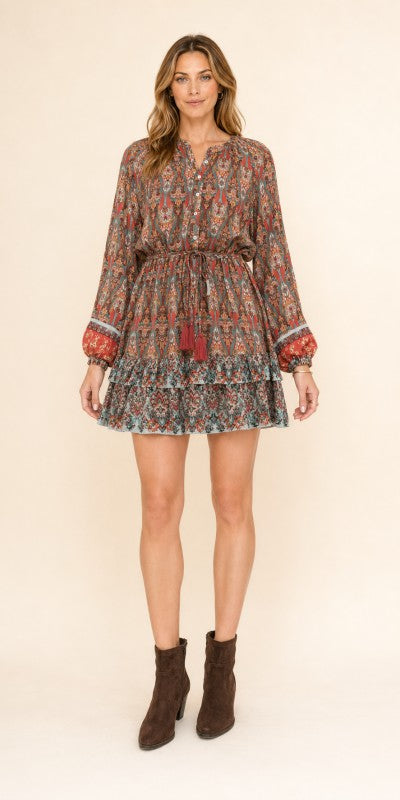 Boho Paisley Drawstring-Waist Mini Dress