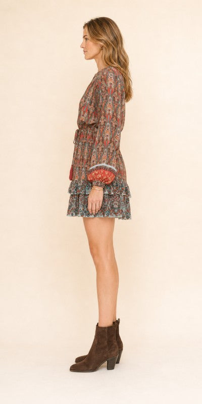 Boho Paisley Drawstring-Waist Mini Dress