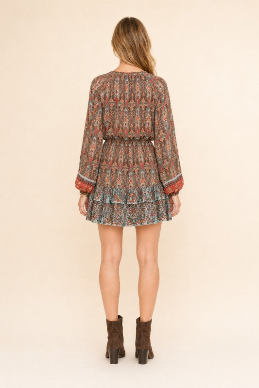 Boho Paisley Drawstring-Waist Mini Dress