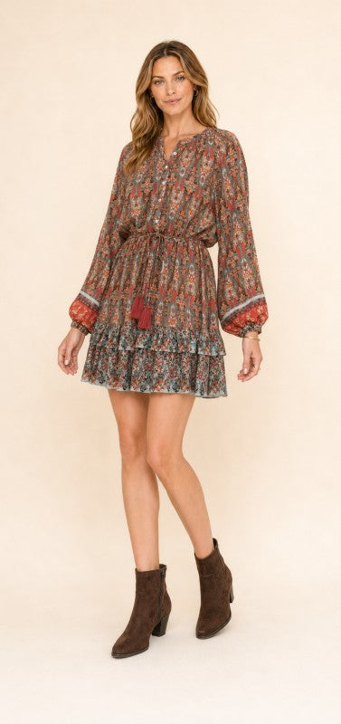 Boho Paisley Drawstring-Waist Mini Dress