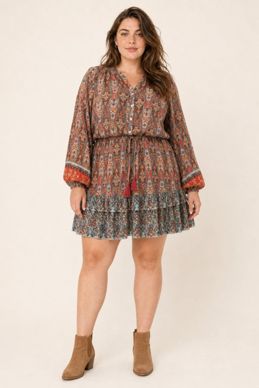 Plus Size Boho Paisley Tiered Mini Dress