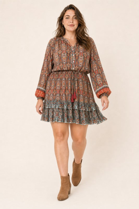 Plus Size Boho Paisley Tiered Mini Dress