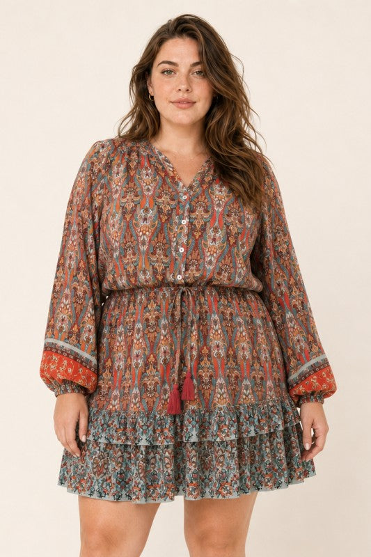Plus Size Boho Paisley Tiered Mini Dress