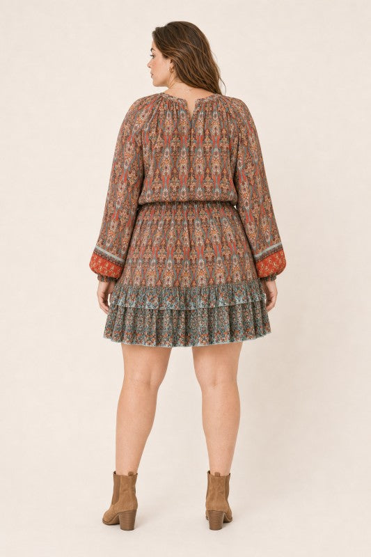 Plus Size Boho Paisley Tiered Mini Dress