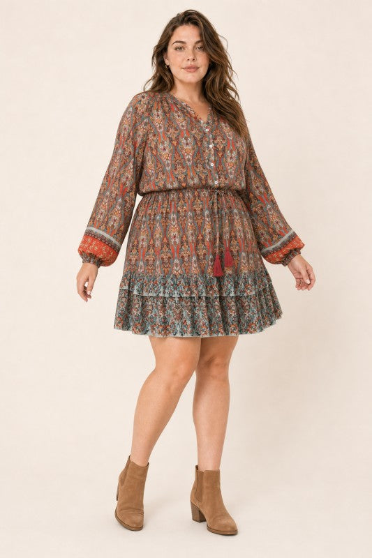 Plus Size Boho Paisley Tiered Mini Dress