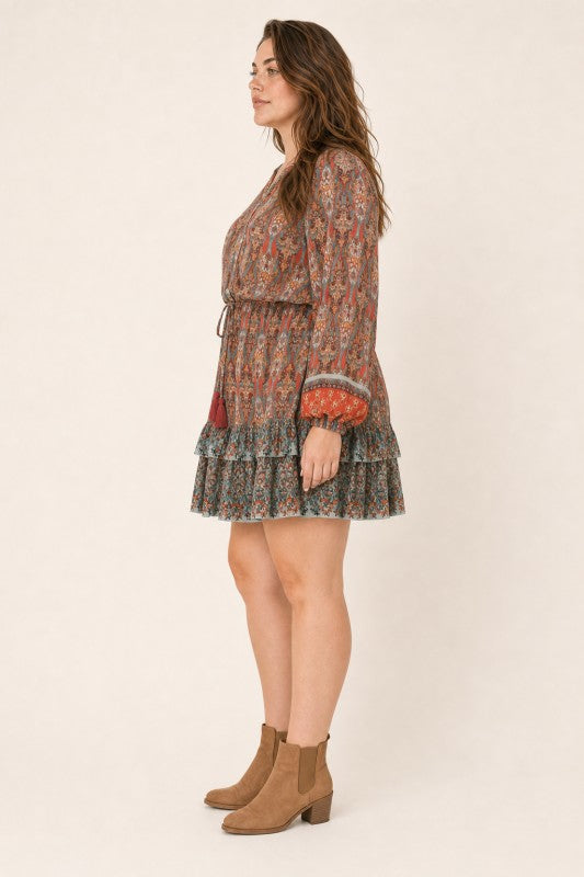 Plus Size Boho Paisley Tiered Mini Dress