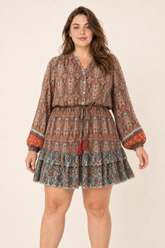 Plus Size Boho Paisley Tiered Mini Dress