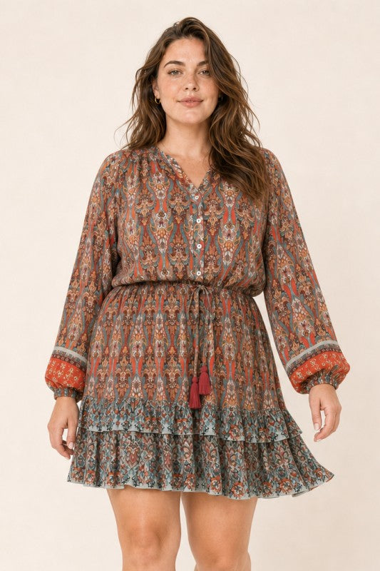 Plus Size Boho Paisley Tiered Mini Dress