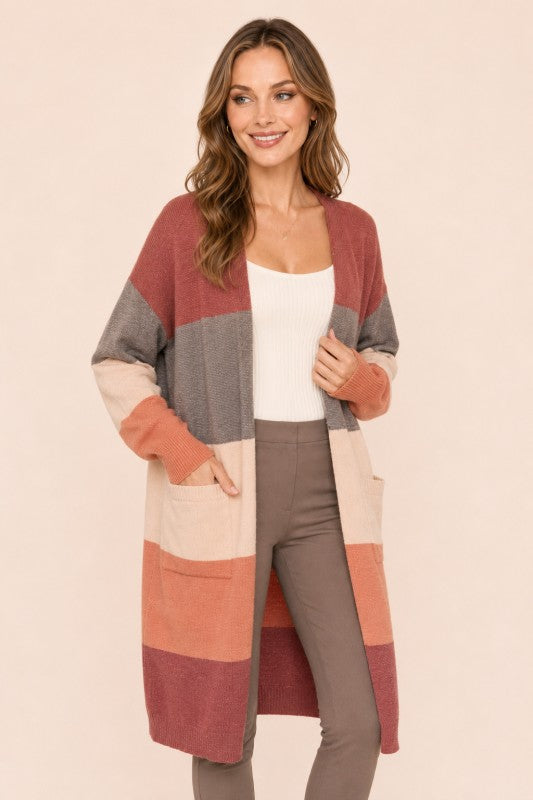 Multicolor Stripe Open-Front Duster Cardigan