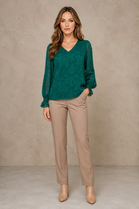 Embossed Floral V-Neck Balloon-Sleeve Blouse