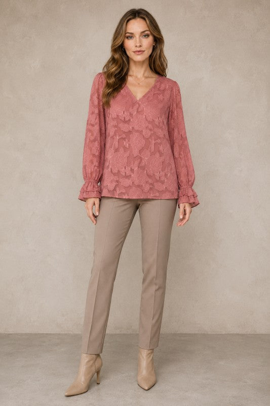 Embossed Floral V-Neck Balloon-Sleeve Blouse