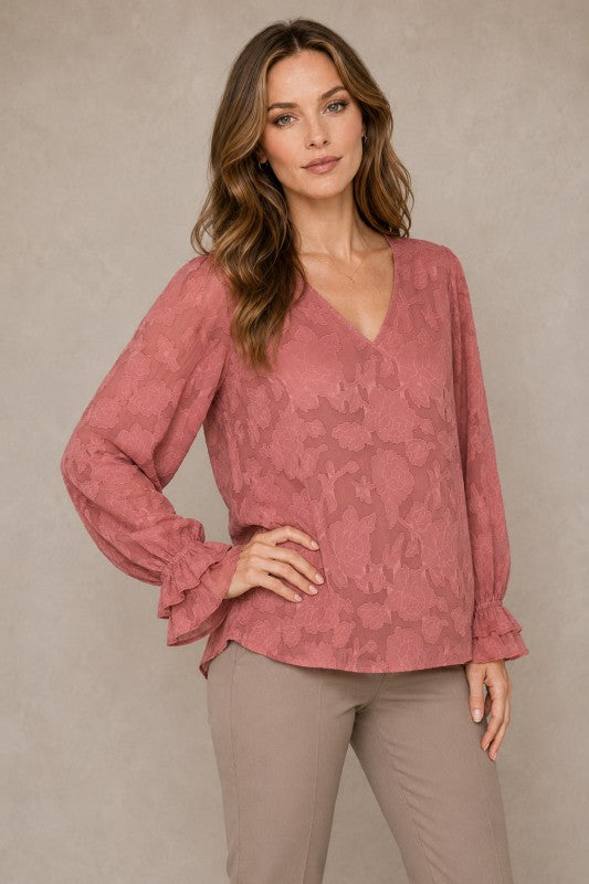 Embossed Floral V-Neck Balloon-Sleeve Blouse