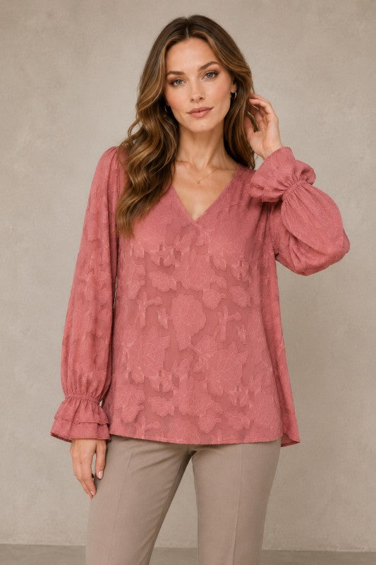 Embossed Floral V-Neck Balloon-Sleeve Blouse