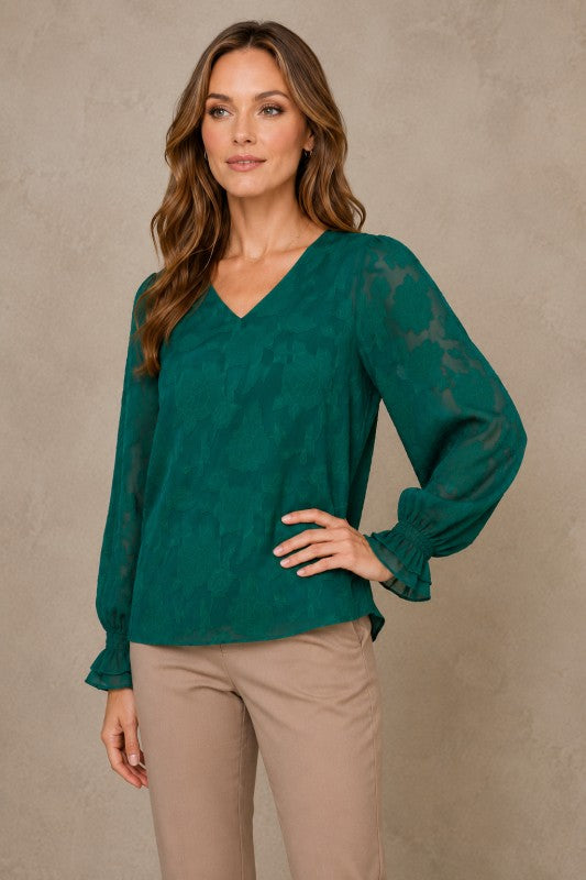 Embossed Floral V-Neck Balloon-Sleeve Blouse