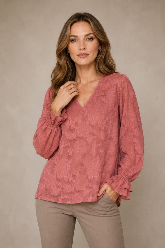 Embossed Floral V-Neck Balloon-Sleeve Blouse
