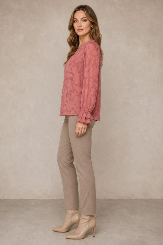 Embossed Floral V-Neck Balloon-Sleeve Blouse