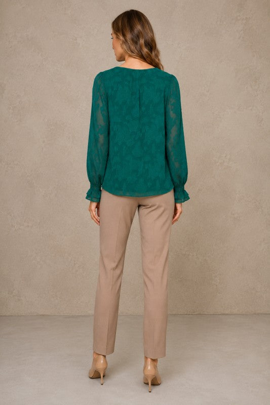 Embossed Floral V-Neck Balloon-Sleeve Blouse