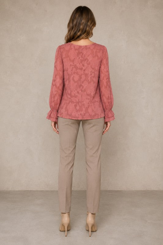 Embossed Floral V-Neck Balloon-Sleeve Blouse