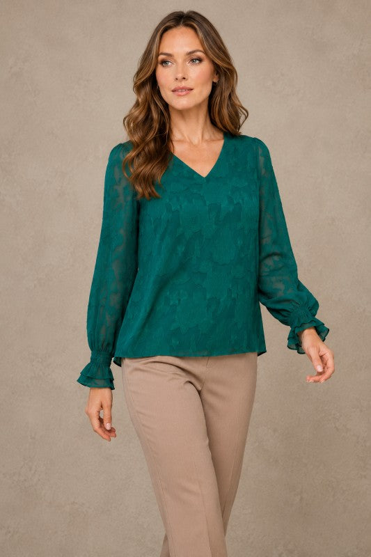 Embossed Floral V-Neck Balloon-Sleeve Blouse
