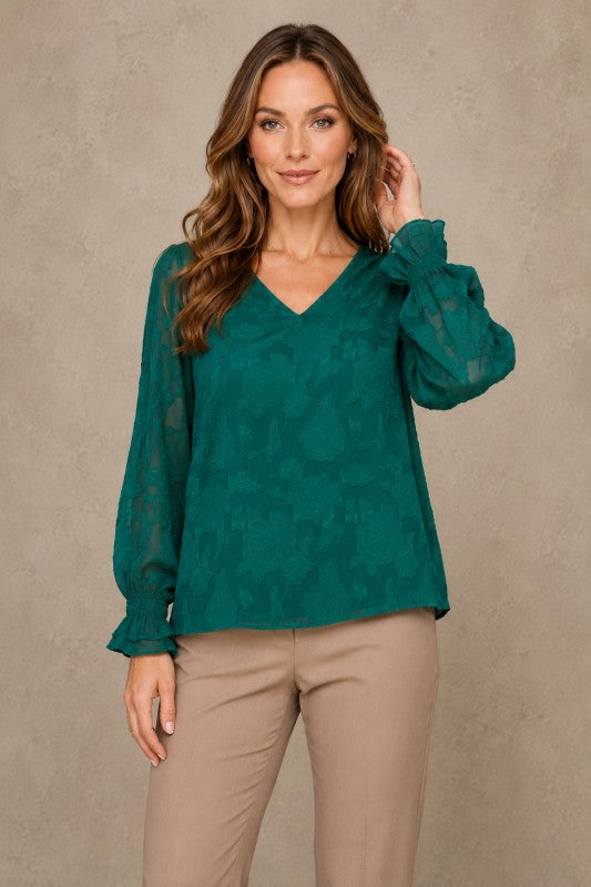 Embossed Floral V-Neck Balloon-Sleeve Blouse