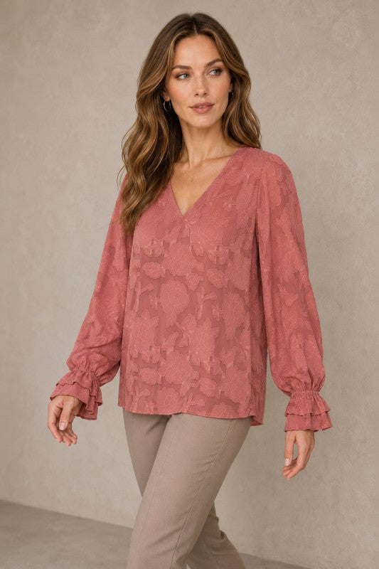Embossed Floral V-Neck Balloon-Sleeve Blouse