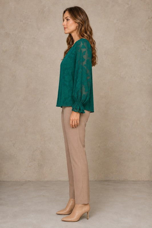 Embossed Floral V-Neck Balloon-Sleeve Blouse