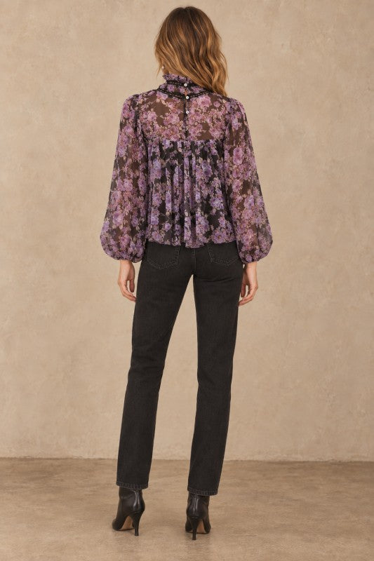 Vintage Purple Floral Mock Neck Blouse