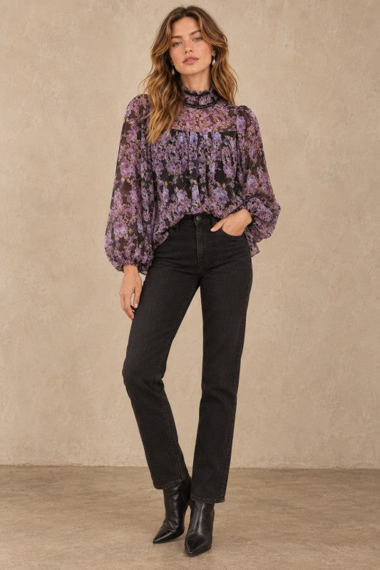 Vintage Purple Floral Mock Neck Blouse
