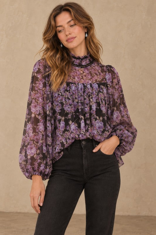 Vintage Purple Floral Mock Neck Blouse
