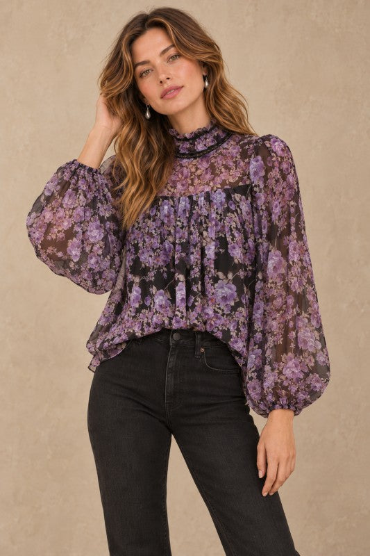 Vintage Purple Floral Mock Neck Blouse