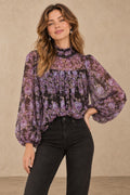 Vintage Purple Floral Mock Neck Blouse