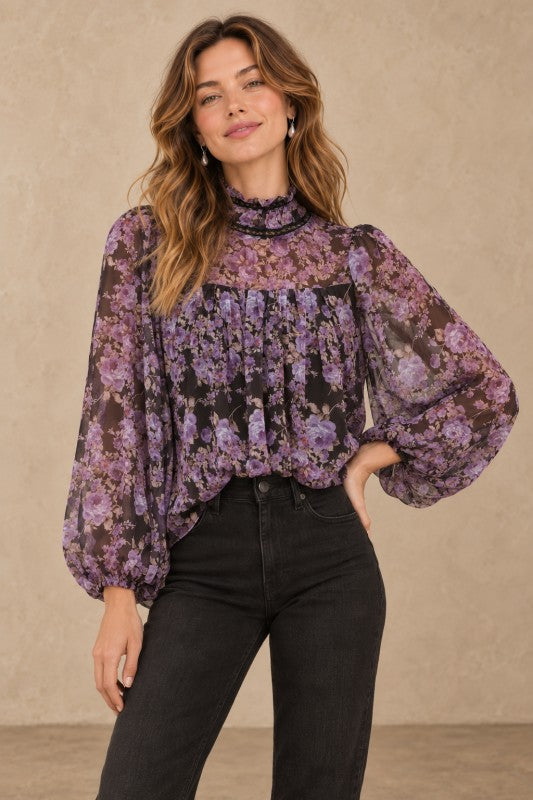 Vintage Purple Floral Mock Neck Blouse