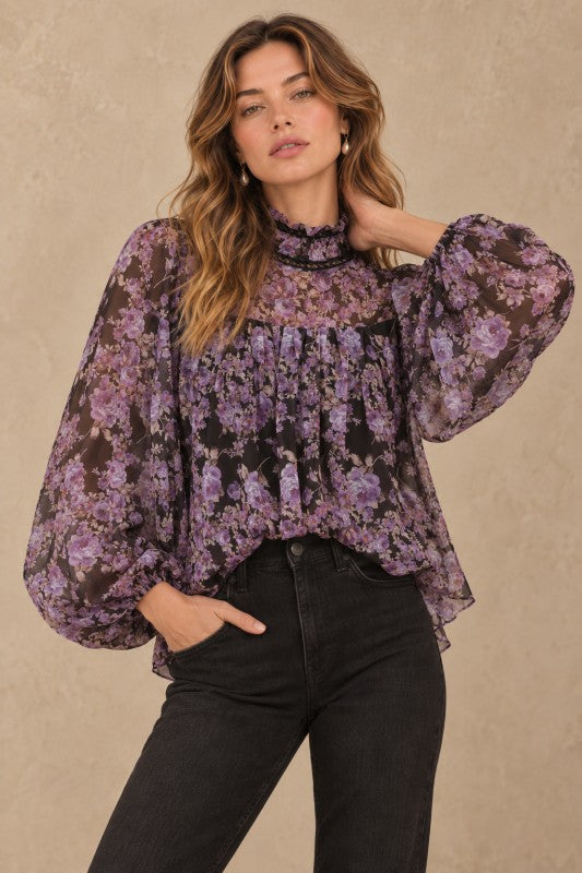 Vintage Purple Floral Mock Neck Blouse