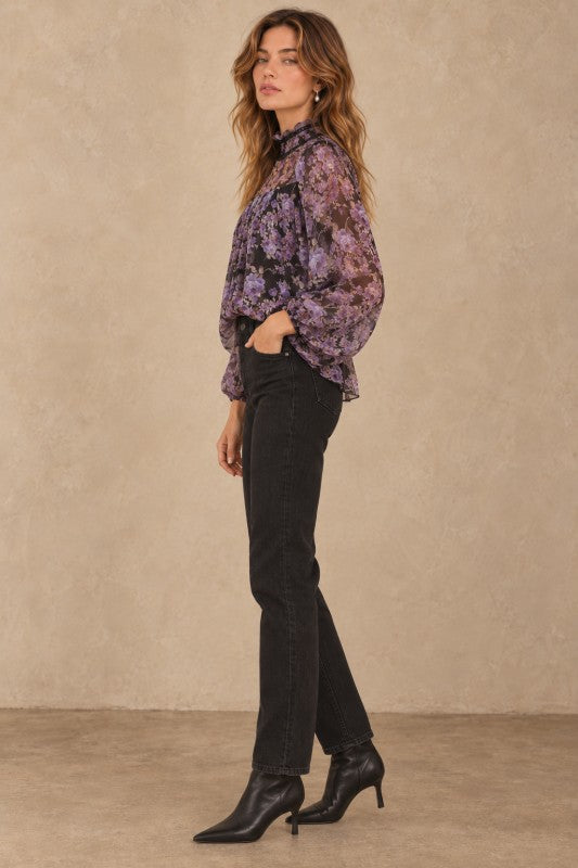 Vintage Purple Floral Mock Neck Blouse