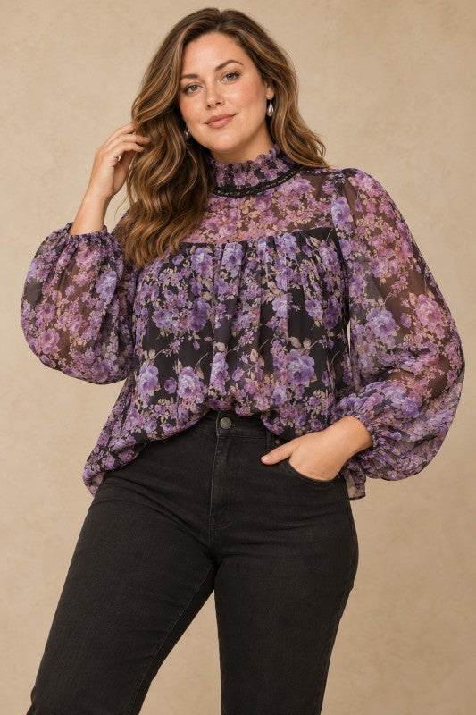 Plus Size Vintage Purple Floral Chiffon Mock Neck Blouse