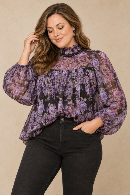 Plus Size Vintage Purple Floral Chiffon Mock Neck Blouse