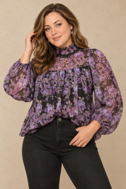 Plus Size Vintage Purple Floral Chiffon Mock Neck Blouse