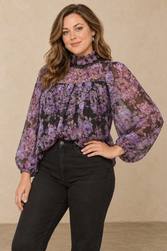 Plus Size Vintage Purple Floral Chiffon Mock Neck Blouse