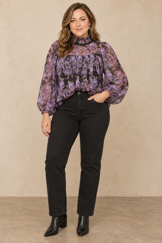 Plus Size Vintage Purple Floral Chiffon Mock Neck Blouse