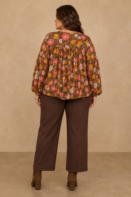 Plus Size Floral Boho Balloon-Sleeve Top