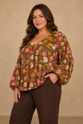 Plus Size Floral Boho Balloon-Sleeve Top