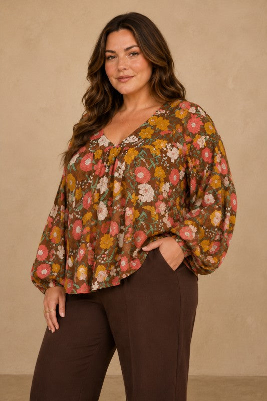 Plus Size Floral Boho Balloon-Sleeve Top